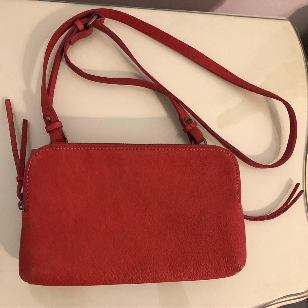 Madewell Red Orange Leather Twin Zipper Pouch Crossbody